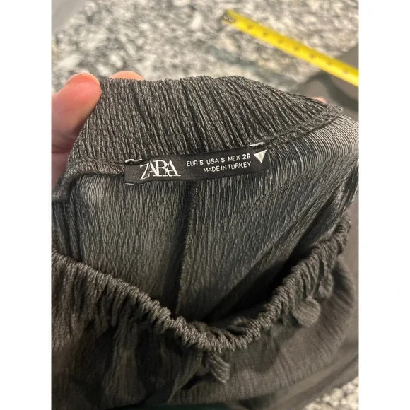 Zara Dark Grey Plisse Wide Leg Pants High Waist Textured Drawstring Small - Picture 5 of 5